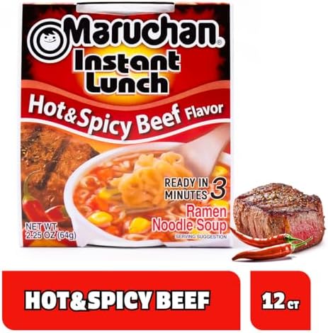 Maruchan Instant Lunch Ramen Noodles, Hot & Spicy Beef Flavor – Japanese-Style Instant Noodle Soup, Easy Meal Ready in 3 Minutes – 2.25 Oz. (12 Pack)