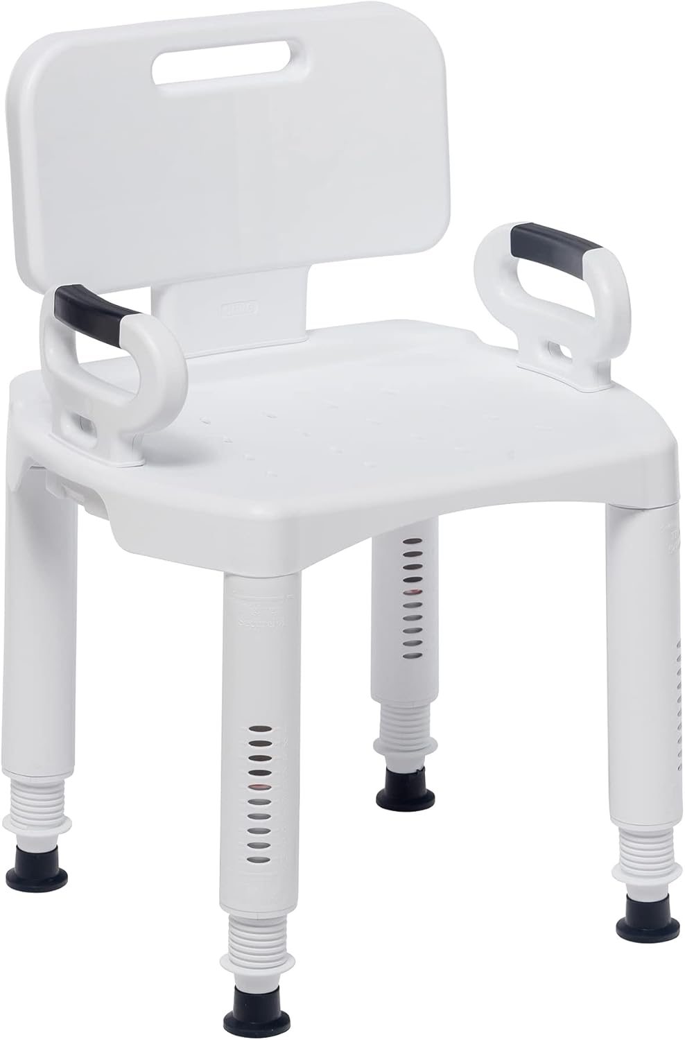 Drive Medical Bathroom Bench with Back & Arms - Adjustable Height - Suction Tip Legs for Stability - Durable Plastic Seat - 350 Lb Capacity - White