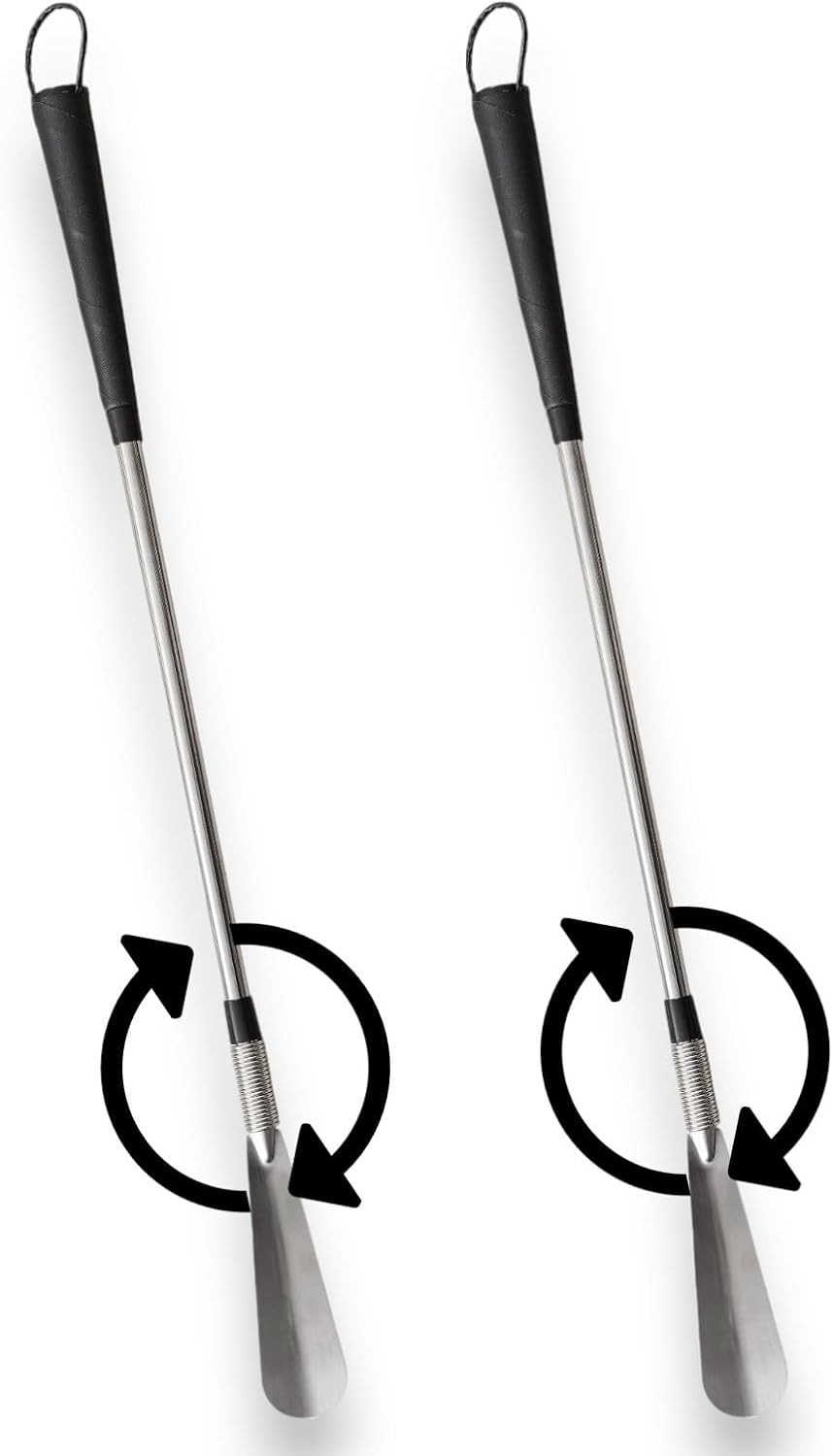Essential Medical Supply Deluxe 2 Pack of Long Handle 24in Shoehorns with Spring Flex End for Easier Shoe - No Bend Device to More Easily Put on Shoes for Seniors and Anyone