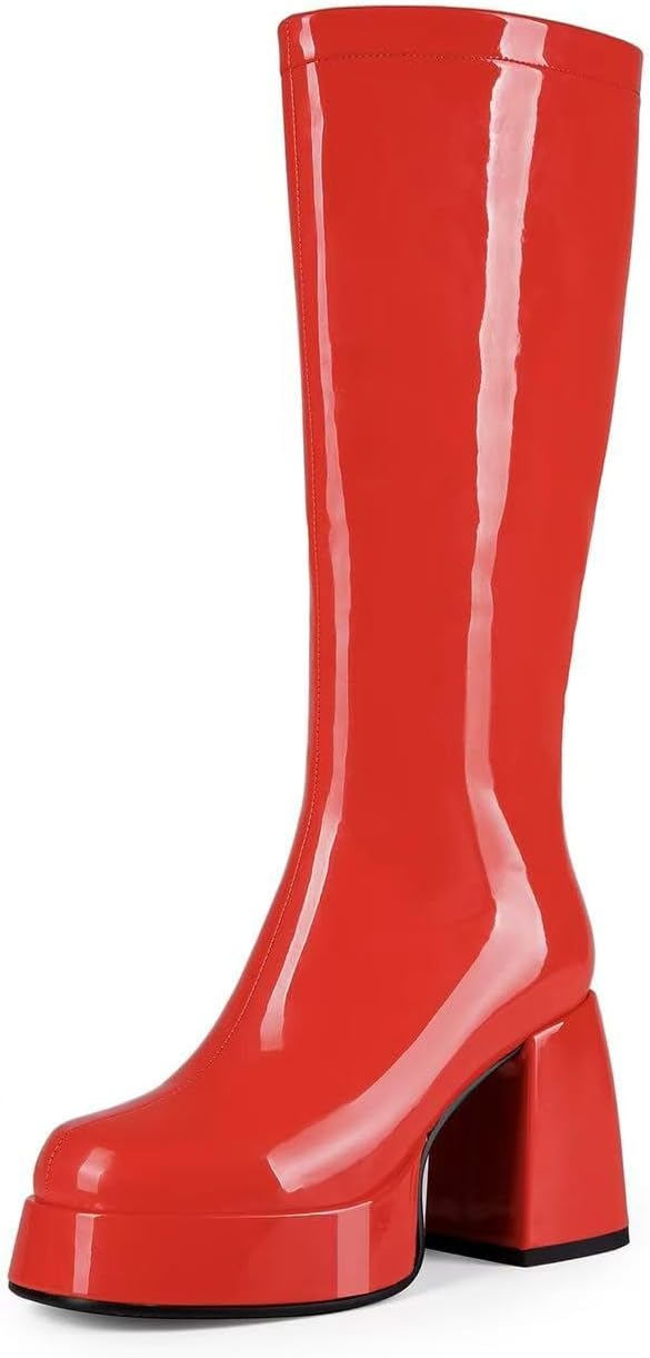 Women's Gogo Boots Knee High Platform Chunky Heel Square Toe Patent Leather 70s Disco Costume Boots for Party Halloween Cosplay