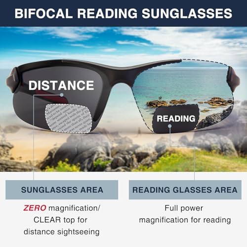DEHOTRE 2 Pack Bifocal Reading Sunglasses Men TR90 Frame Wrap Around Sports Semi Rimless Sun Readers for Driving Golf Fishing