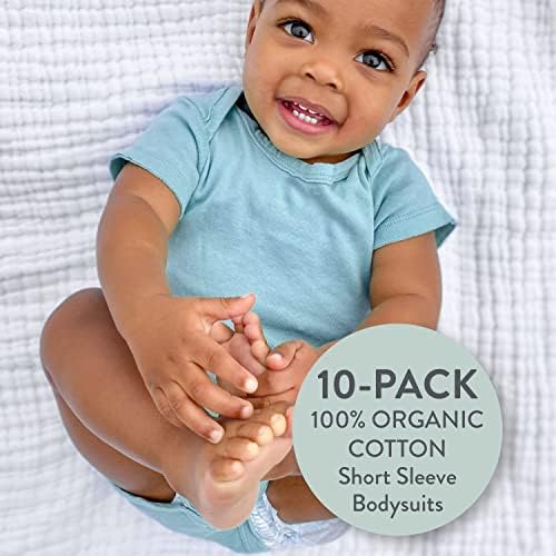 HonestBaby 10-Pack Short Sleeve Bodysuits One-Piece 100% Organic Cotton for Infant Baby Boys, Girls, Unisex