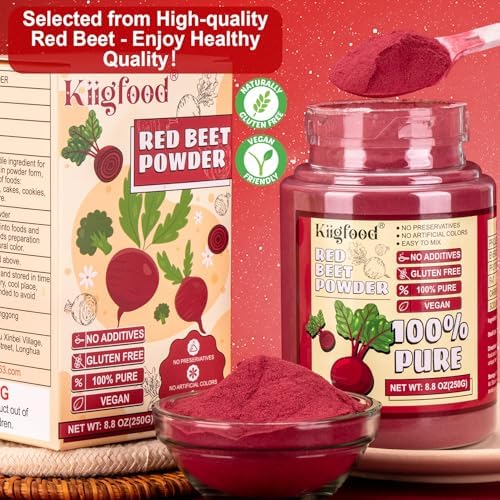 Natural Red Beet Powder - Kiigfood 8.8oz/250g Premium Red Food Coloring, Organic Beetroot Powder for Drinks, Cocktail, Smoothies, Christmas Baking - Vegan, Non-GMO, Gluten-Free
