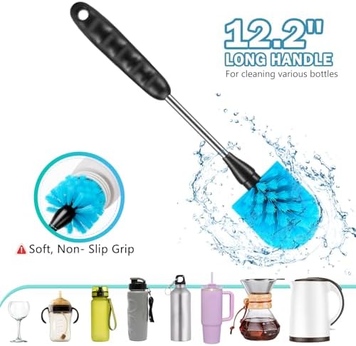 12.2 inch Bottle Brush Set of Three，Washable Coffee Cups, Water Bottles, Baby Bottles, Straws, to-go Cups, Long-Handled 3-in-1 Stainless Steel Bottle Brushes.