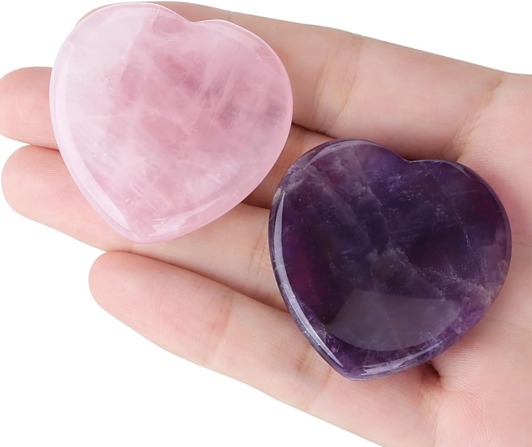 YATOJUZI 2PCS Thumb Worry Stone for Anxiety Healing Crystals Sets Amethyst Rose Quartz Heart Gemstone Pocket Stones Hand Carved Natural Crystal Stones Reiki Palm Stone for Meditation Gifts for Women