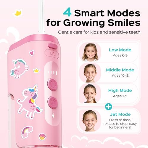 COSLUS T40 Portable Water Flosser for Kids: 4 Gentle Modes for Ages 6+, Braces & Sensitive Teeth - with Fun DIY Stickers, 4 Storable Nozzles, Mini Compact for Home School & Travel, BPA-Free, Pink
