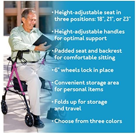 Carex Step 'N Rest Aluminum Rolling Walker For Seniors, Pink - Rollator Walker With Seat - With Back Support, 6 Inch Wheels, 250lbs Support, Lightweight