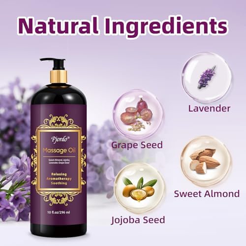 Pjordo Aromatherapy Lavender Massage Oil, Massage Oil for Massage Therapy, Calming, Soothing, Relaxing, Spa Gifts for Him Her, 10 Fl Oz