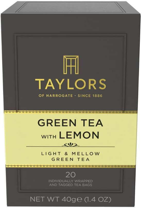 Taylors of Harrogate Green Tea with Lemon, Individually Wrapped Bags, 20 Count (Pack of 1), Citrussy, Mellow and Light, Caffeinated, Enjoy Hot or Iced, 20 Teabags