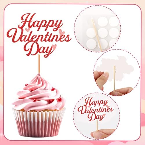 48 Pcs Happy Valentine's Day Cupcake Toppers Glitter Valentines Cupcake Toppers Heart Valentines Birthday Party Decorations Picks for Wedding Anniversary Baby Shower Party Supplies