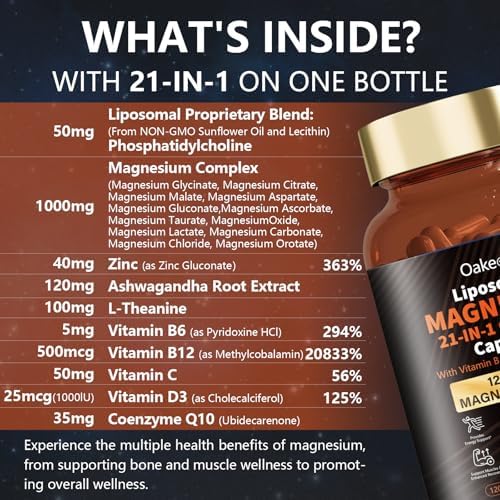 21 in 1 Liposomal 12 Active Types Magnesium Complex 1400mg (Glycinate,Citrate,Malate etc) Capsule -with Vitamin D3, B6, B12, Ashwagandha & CoQ10 for Adult-Support Relaxation,Muscle & Heart
