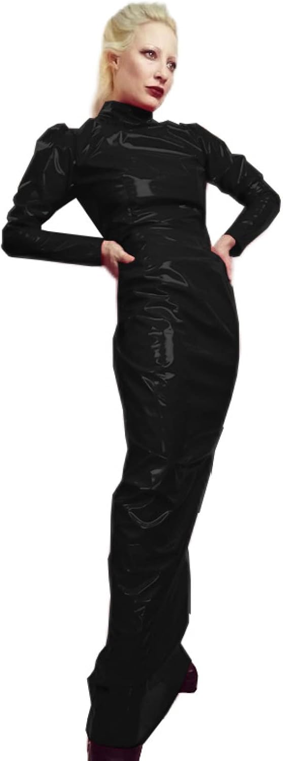 Wetlook PVC Dress Latex Faux Leather Tight Dress Turtleneck Long Sleeve Slim Bodycon Dress,Black,S