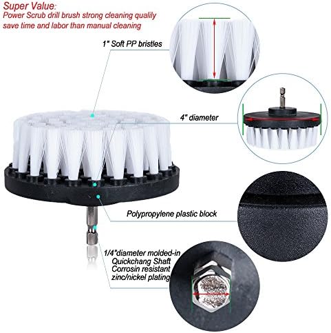 HIFROM Drill Brush - 4 inch Power Drill Attachment Soft Bristle White Quick Change Shaft Scrub Cleaning Brush for Carpet, Upholstery, Leather, Glass (White)