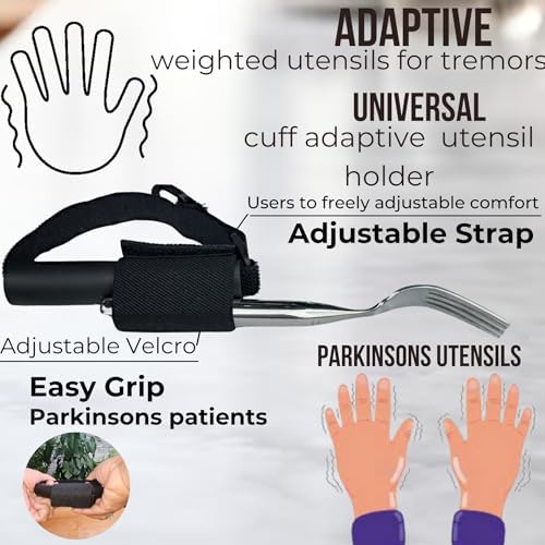 weighted utensils for hand tremors | weighted utensils for tremors and parkinsons patients | Set 4 Piece with Universal Cuff easy grip & cover | Elegant weighted silverware with Gift Box