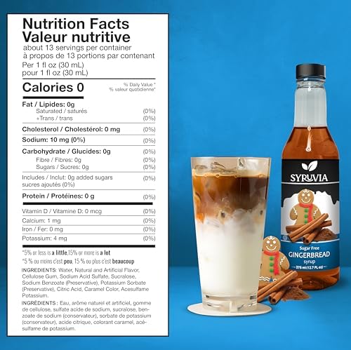 Syruvia Sugar-Free Gingerbread Coffee Syrup - 12.7 fl oz Premium Coffee Flavoring Syrup - 0 Calorie - Kosher Coffee Syrups, Gluten Free, Perfect for Drinks, Soda, Shakes, Desserts, and More.