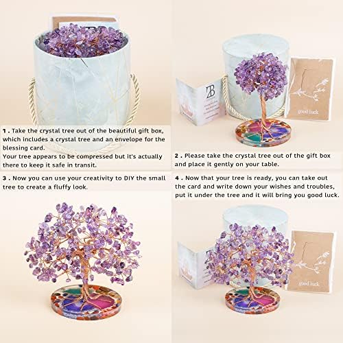 ZenBless 7 Chakra Healing Crystal Stones Tree, Amethyst Leaf Wire Wrapped on Natural Agate Slice Base, Home Decor Desk Room Feng Shui Wealth Luck Spritual Gifts for Valentine's Day Birthday Women