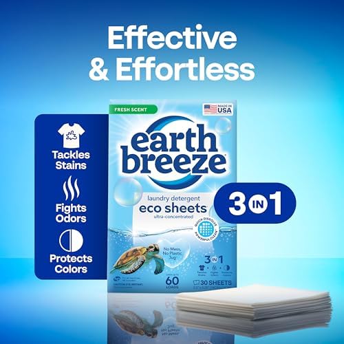 Earth Breeze Laundry Detergent Sheets Fresh Scent - 60 Loads Eco Liquidless Soap - Travel-Friendly for Hot & Cold Cycles, Tackles Tough Stains & Odors - Gentle on Skin, 30 Ct
