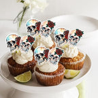 40 Pack Edible Halloween Skull Cupcake Toppers Wafer Paper Skull Cake Decorations for Horror Theme Baby Shower Birthday Halloween Party Cake Decorations