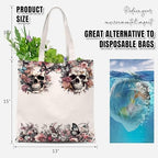 ATHAND Floral Skull Bag,Sugar Skull Gifts for Women,Reusable Canvas Tote Bag for Groceries,Beach,Day Of The Dead Gifts