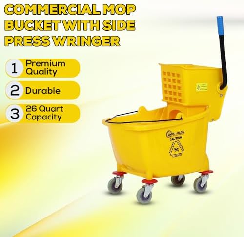 Simpli-Magic 79358 Commercial Mop Bucket with Side Press Wringer, 26 Quart, 14.75"L x 12.95"W x 19.95"H, Yellow