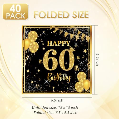 40PCS 60th Birthday Decorations Black and Gold 60th Birthday Napkins Disposable Paper Napkins 60 th Birthday Decorations for Men Woman 60th Anniversary Wedding Retirement Party Supplies