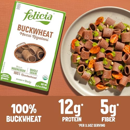 Felicia Gluten Free Pasta, Buckwheat Mezzi Rigatoni, Organic Noodles Made With 100% Whole Grain Buckwheat, Naturally High in Magnesium, Designed in Italy, Plant Based, Non GMO, 8.8 Oz, 6 Boxes