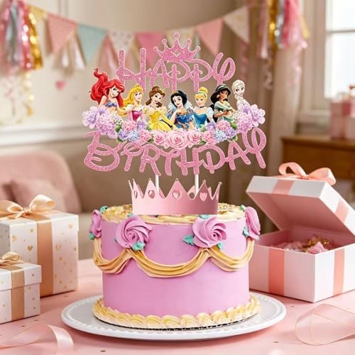Glitter Princess Cake Topper, Cute Happy Birthday Cake Topper, Birthday Party Supplies, Princess Themed Party Decorations for Girls