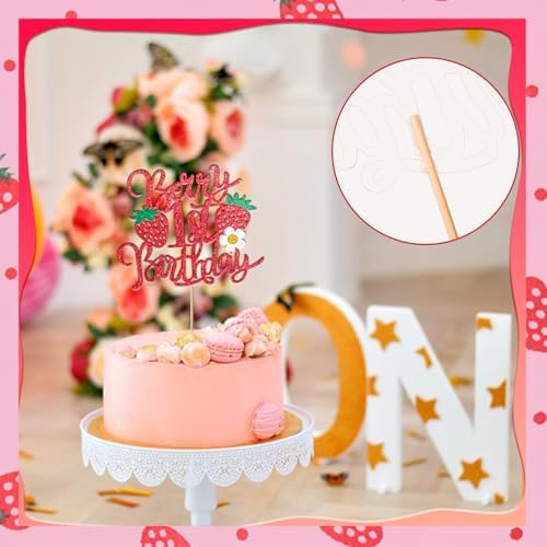 1pcs Berry 1st Birthday Cake Topper Flower Glitter Strawberry Theme 1st Birthday Cake Pick for Sweet Fruit Theme Baby Shower First Birthday Party Cake Decorations Supplies