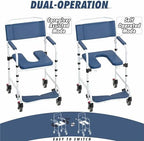 Shower Chair with Wheels, Two Modes Bedside Commode with Wheels, Aluminum Shower Wheelchair with Footrest, Portable Toilet with Bucket for Elderly and Disabled, 300 LBS Weight Capacity