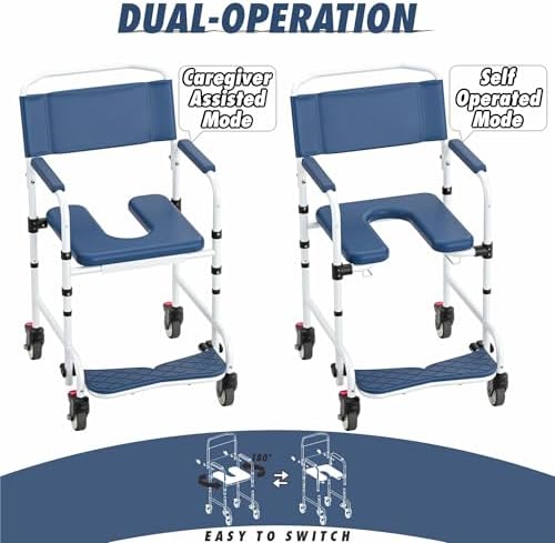 Shower Chair with Wheels, Two Modes Bedside Commode with Wheels, Aluminum Shower Wheelchair with Footrest, Portable Toilet with Bucket for Elderly and Disabled, 300 LBS Weight Capacity