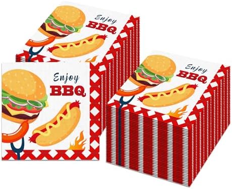 80PCS BBQ Paper Napkins BBQ Party Paper Napkins Set, Grills Burgers Utensils Pattern Decorative Luncheon Dinner Papers Napkins for Themed Decorations, Burgers, Picnics, Backyard Cookouts