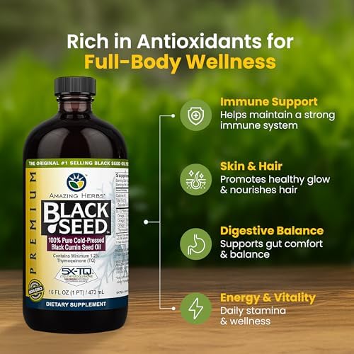 Amazing Herbs Premium Black Seed Oil - Cold Pressed Nigella Sativa Aids in Digestive Health, Immune Support, Brain Function, Joint Mobility, Gluten Free, Non GMO - 16 Fl Oz