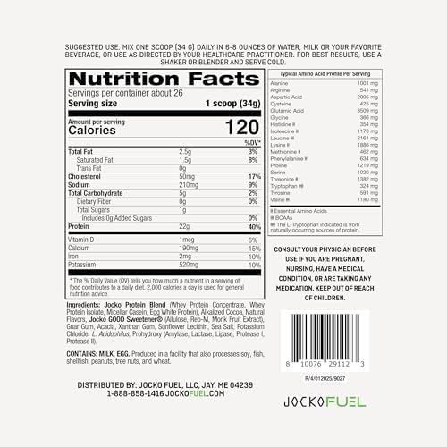 Jocko Fuel Whey Protein Powder, Mint Chocolate, 22g Protein, Digestive Enzymes + Probiotic Blend, No Sugar Added, with Essential Amino Acids + Electrolyte Minerals, 26 Servings