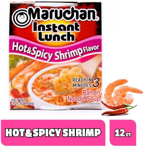 Maruchan Instant Lunch Ramen Noodles, Hot & Spicy Shrimp Flavor – Japanese-Style Instant Noodle Soup, Easy Meal Ready in 3 Minutes – 2.25 Oz. (12 Pack)