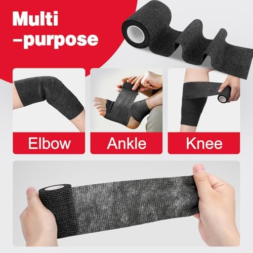 AZEN 12 Pack Black Self Adhesive Bandage Wrap, 3" X 5 Yards Elastic Cohesive Bandage Wrap, Vet Wrap, Ankle Tape, Tattoo Grip Tape Wrap