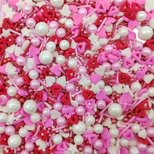 Edible Heart Sprinkles Red White and Pink Sprinkles Mix with Pearl Decorations Hearts Cake Decorations Cupcake Toppers Baking Cookie Decorating Ice Cream Toppings Celebration Valentines Decoration