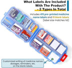 14 Grids Travel Pill Organizer Box with 415-Pcs Medicine Name Labels - Pocket Daily Pharmacy Case Container Kit - Travel Medication Holder Dispenser for Fish Oil Vitamin Supplement Storage -Clear Blue