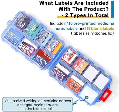 14 Grids Travel Pill Organizer Box with 415-Pcs Medicine Name Labels - Pocket Daily Pharmacy Case Container Kit - Travel Medication Holder Dispenser for Fish Oil Vitamin Supplement Storage -Clear Blue