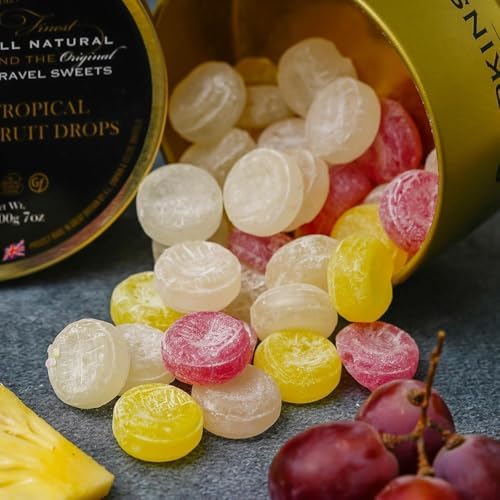 Simpkins Tropical Fruit Drops - Fruit Hard Candy in a Tin - All Natural British Sweets & Old Fashioned Candy - Tropical Fruit Candy in English Candy Drops Tin Without Artificial Flavor (7 oz)