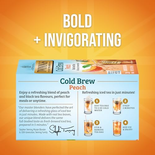 Twinings Peach Cold Brew Iced Tea Bags, 20 Count (Pack of 1), Unsweetened Flavoured Black Tea, Caffeinated, 20 Teabags