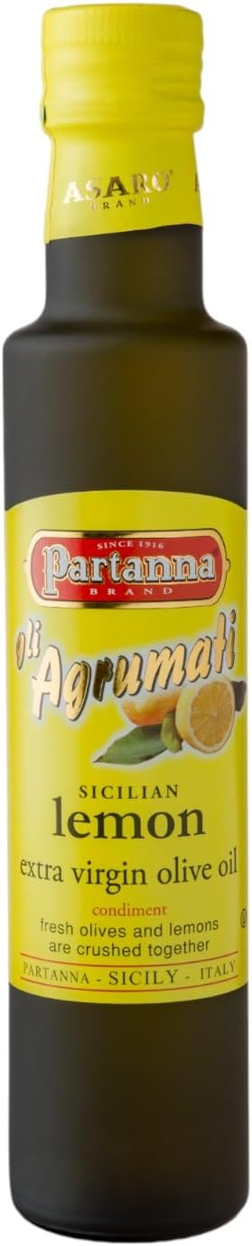 Partanna Extra Virgin Olive Oil pressed with Sicilian Lemon - Premium Flavored Extra Virgin Olive Oil - Harvested in Sicily - Rich in Flavor - Cold Pressed - 8.45 oz (250 ML) Glass