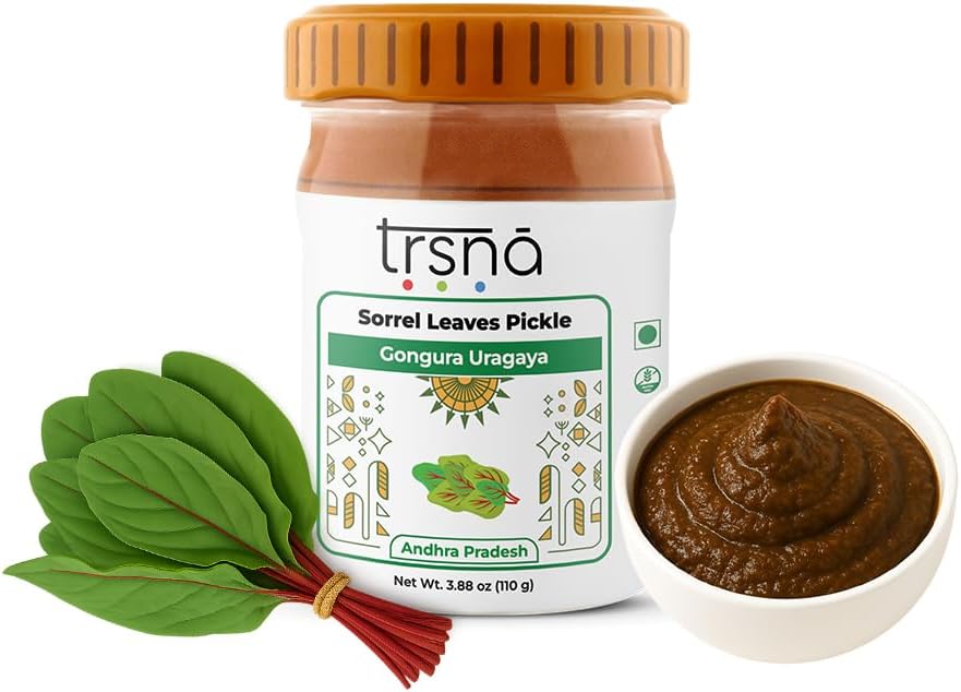 Trsna Gongura Pickle (Sorrel Leaves Pickle) 110g (3.88 oz) | Authentic Andhra Indian Pickle | South Indian Gongura Uragaya | Traditional Pickled Sorrel | Premium Indian Pickles in Glass Jar