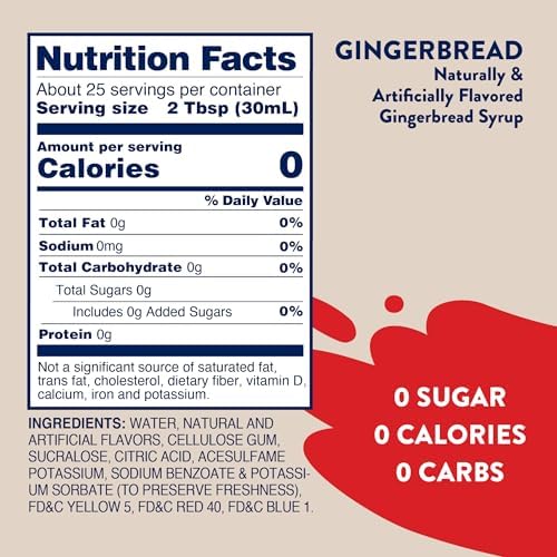 Jordan's Skinny Mixes Sugar Free Coffee Syrup, Holiday Gingerbread Coffee Flavoring Syrup, Zero Calorie Drink Mix for Lattes, Baking, Protein Shake or Cocktail, Dairy & Gluten Free, Kosher, 25.4 Fl Oz