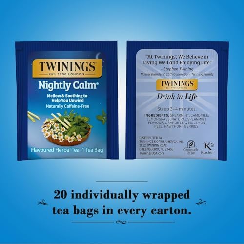 Twinings Nightly Calm Herbal Tea Bags 2-Pack – Sleep Tea, Bedtime with Calming Camomile, Spearmint and Lemongrass, Naturally Caffeine-Free, 20 Count Each