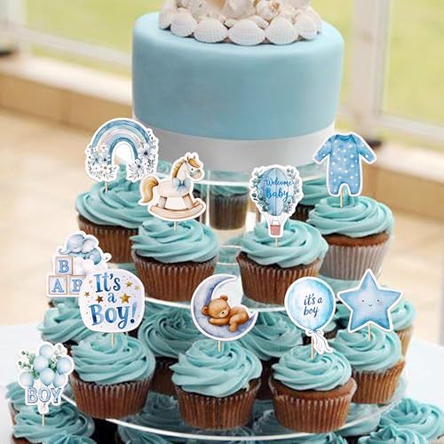 40 PCS Baby Boy Cupcake Toppers Baby Shower Decorations for Boys Rainbow Balloon Star Moon Bear It's a Boy Cupcake Picks for Baby Shower Kids Boys Birthday Party Cake Decorations Supplies Blue