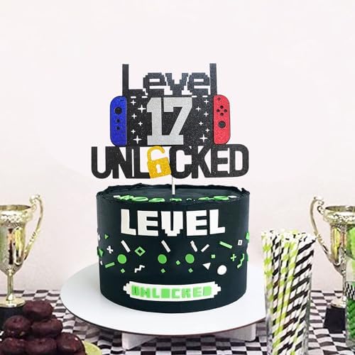 Happy 17th Birthday Video Game Cake Topper Level 17 Unlocked Cake Topper for Boys Girls 17-Years-Old Birthday Party Decoration (17)