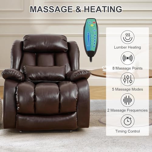 EDILLY XL Large Genuine Leather Lift Chair Recliner for Elderly, Dual Motor with Massage and Heating,with Double Lumbar Cushion and Extended Footrest,USB Port and Remote,Seat Width 26"(Brown)