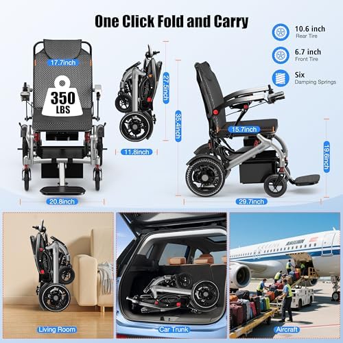 Electric Wheelchairs for Adults Foldable 36LBS Lightweight, 15 Miles Travel Range, Max Support 350 LBS, 500W Brushless Motors with LED Light, Airline Approval-Full Silver Color with New Armrests