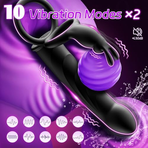 4 In 1 Anal Dildo Vibrator with Double Cock Ring & Rabbit Clitoral Stimulator, Strap On Double Dildo with 10 Vibration Modes, X-pidany Vibrating Butt Plug Prostate Massager Anal Toys, Couples Sex Toys