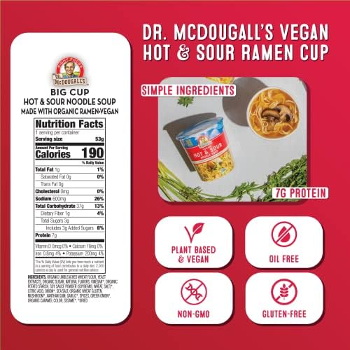 Dr. McDougall's Hot and Sour Vegan Ramen Soup - Spicy Instant Ramen Noodle Cups - Non-GMO Instant Hot Noodles - Oil-Free Soup 1.9 Ounces - Pack of 6